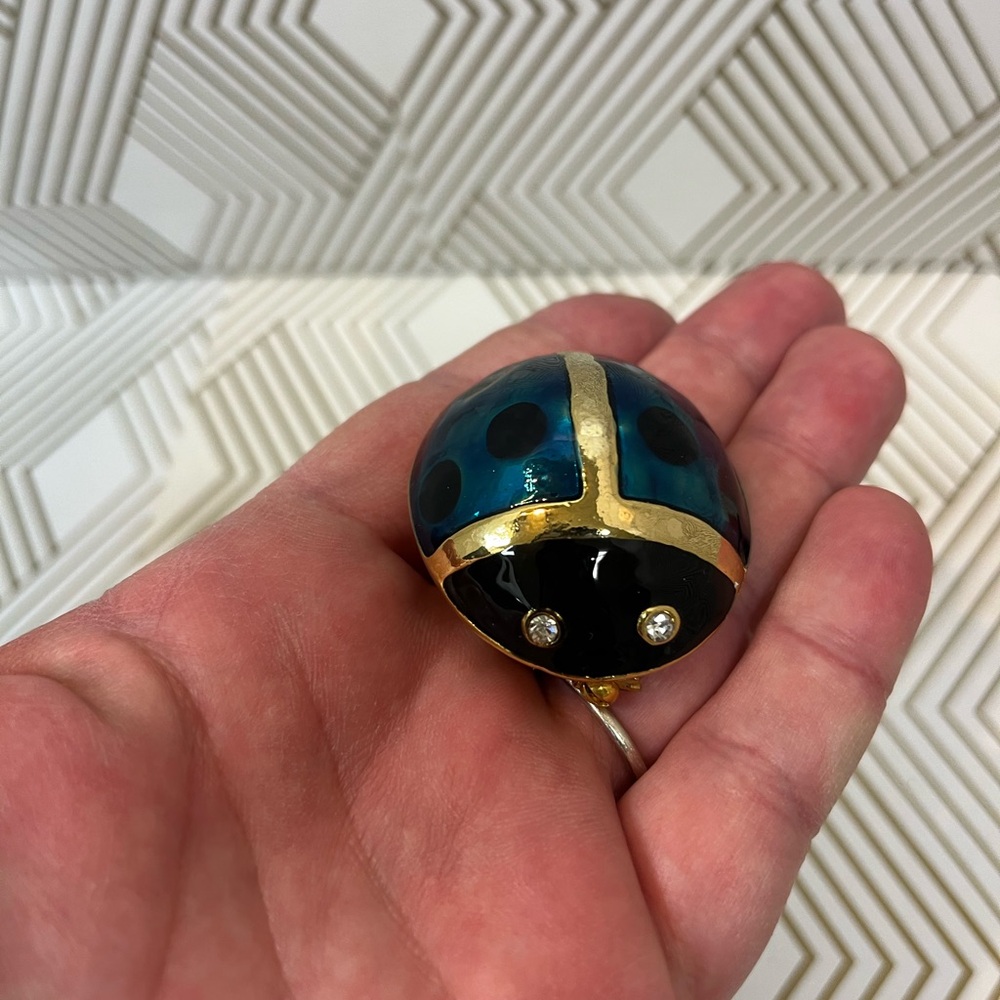 Vintage Enamel Ladybug Brooch Pin withh Rhinestones Eyes Gold Tones